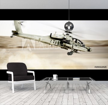 Bild på Attack Apache longbow helicopter gunship flying fast and low with dust debris in its wake 3d rendering